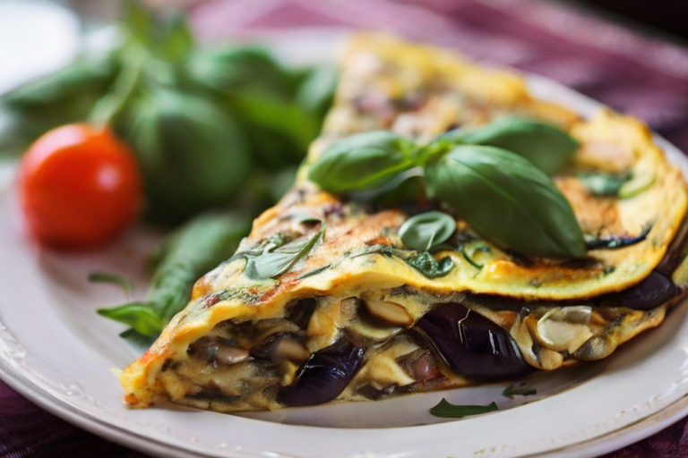 Omelette con berenjenas, cebolla y albahaca